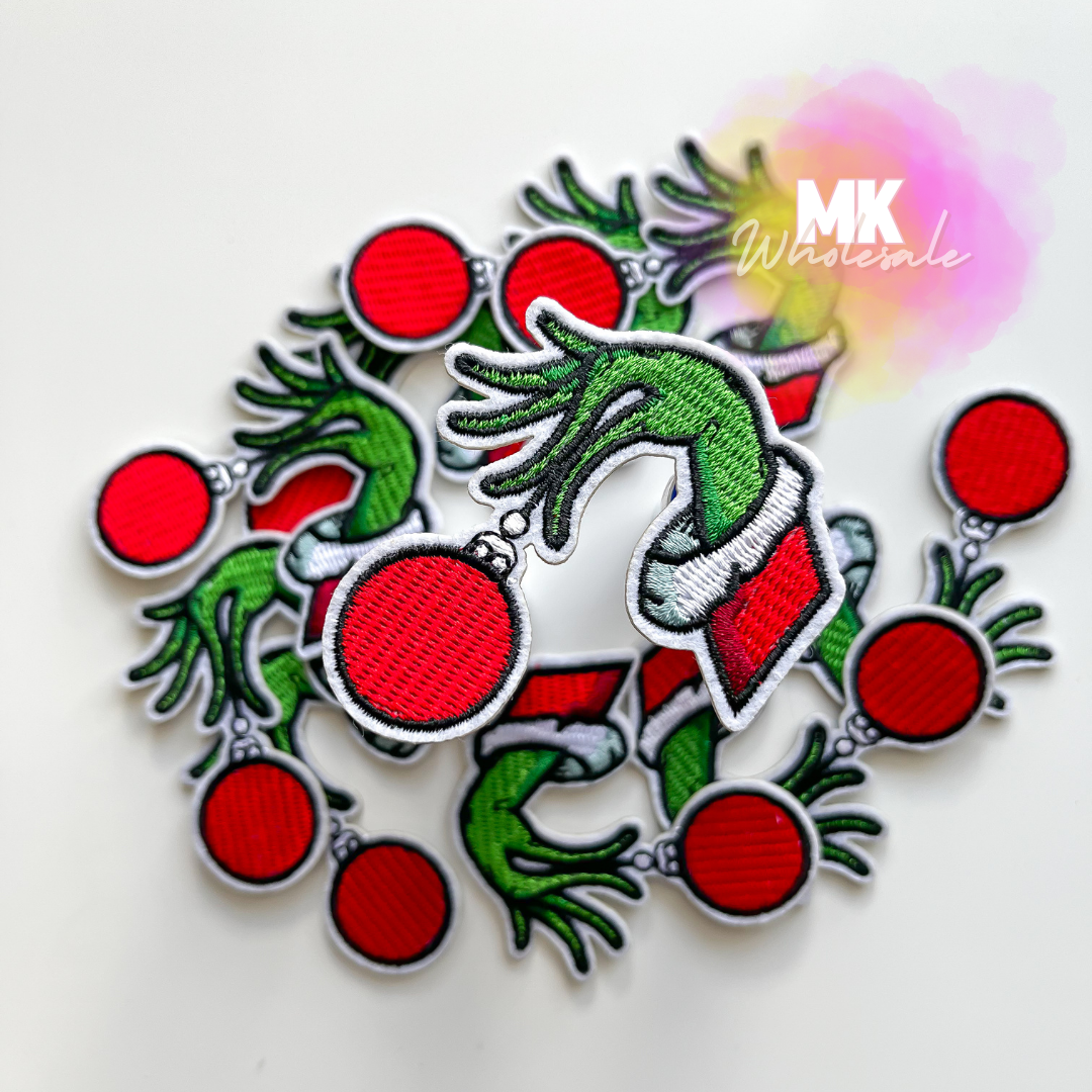 Hat Patch- Embroidered Grinchy hand with Ornament