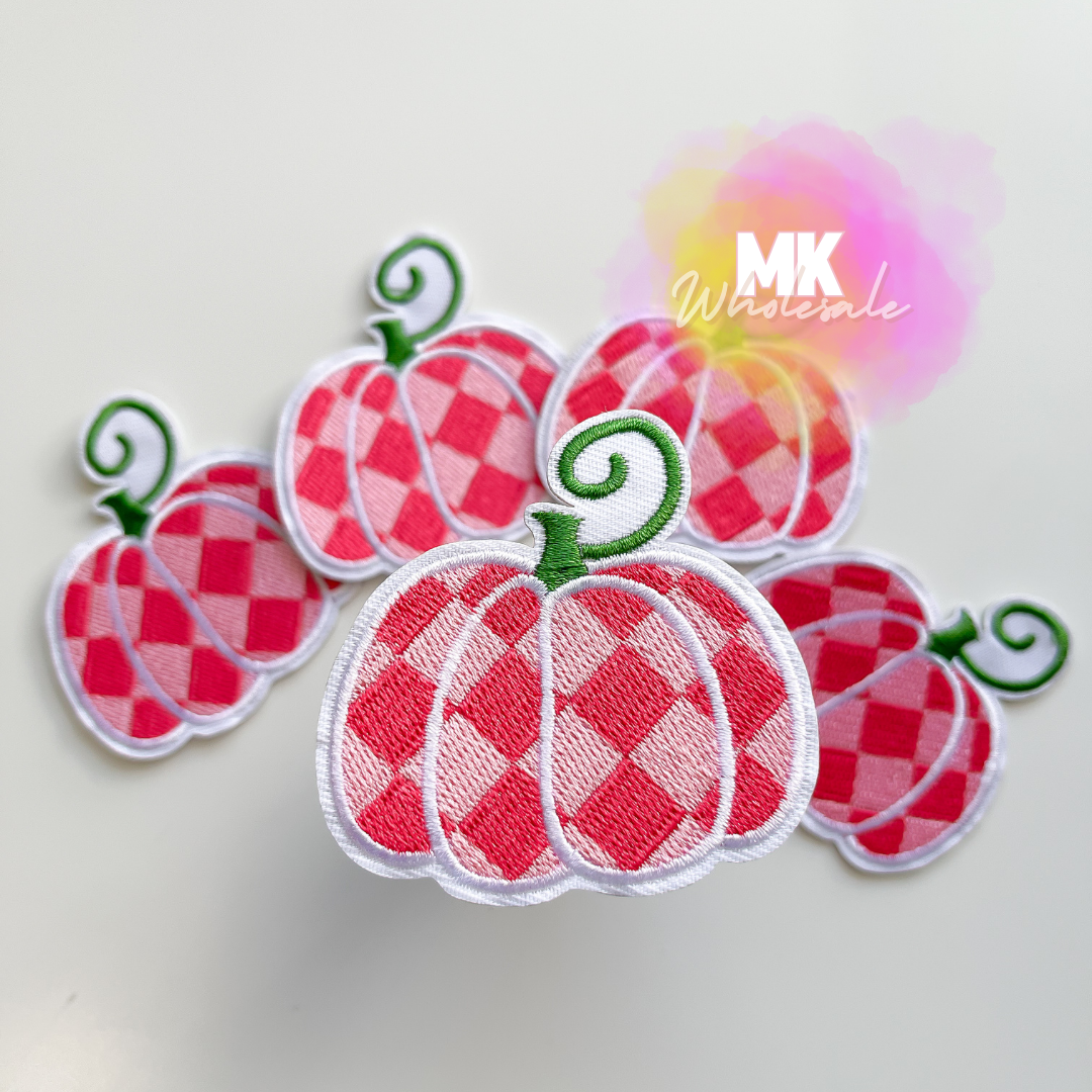 Hat Patch- Embroidered Pink Checkered Pumpkin