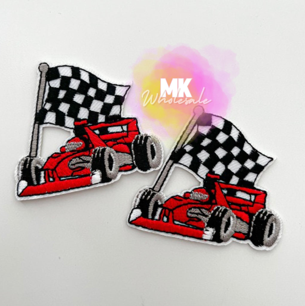 Hat Patch- Embroidered Checkered Race cars with flag