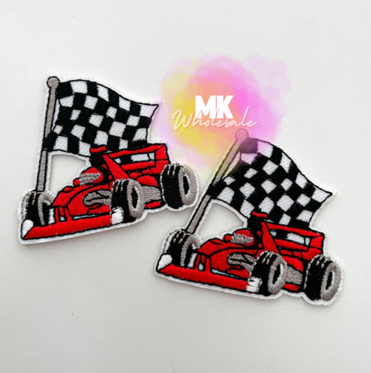 Hat Patch- Embroidered Checkered Race cars with flag