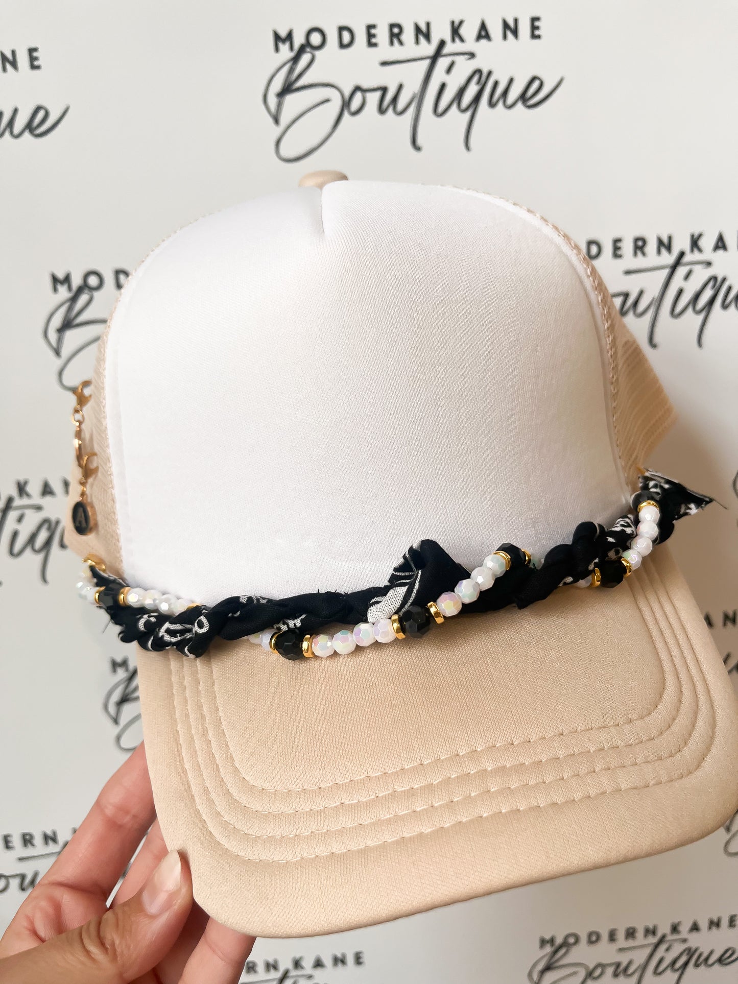 Black/White Twist Bandana Trucker Hat Chain