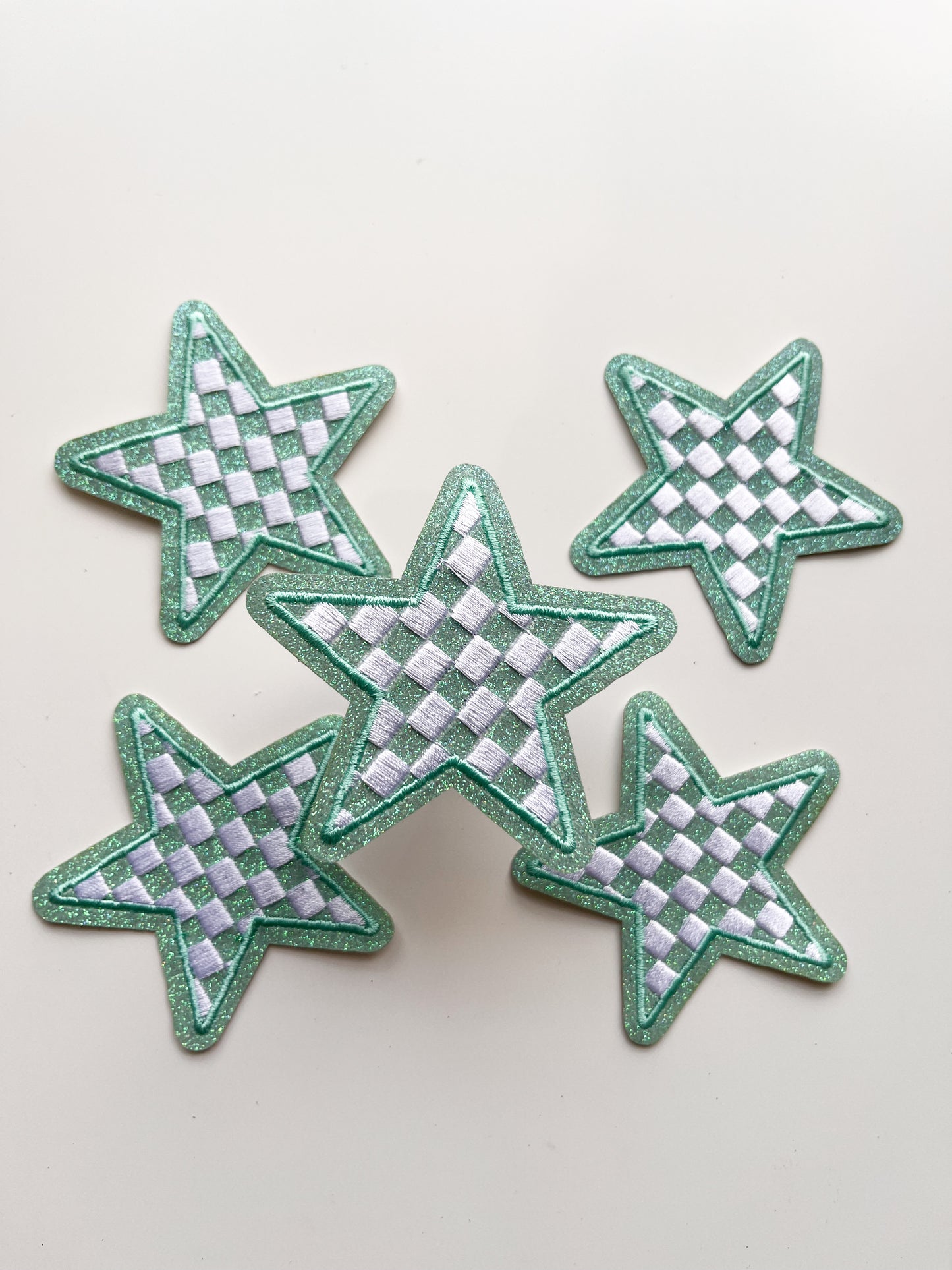 Checkered Glitter Star Patch- Seafoam