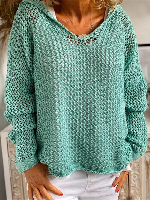 Hooded Openwork Long Sleeve Sweater