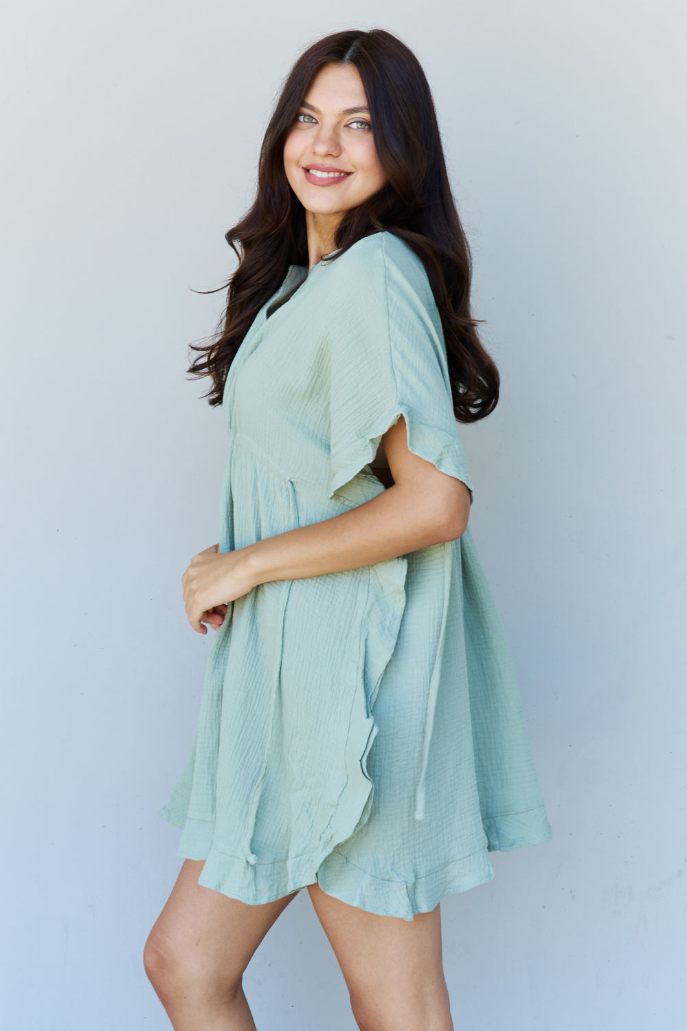 Out Of Time Hem Dress with Drawstring Waistband in Light Sage