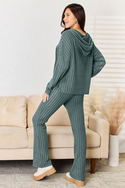 Basic Bae Full Size Ribbed Drawstring Hood Top and Pants Set