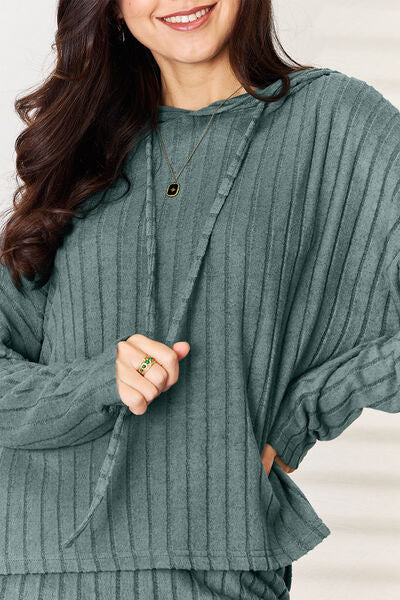 Basic Bae Full Size Ribbed Drawstring Hood Top and Pants Set