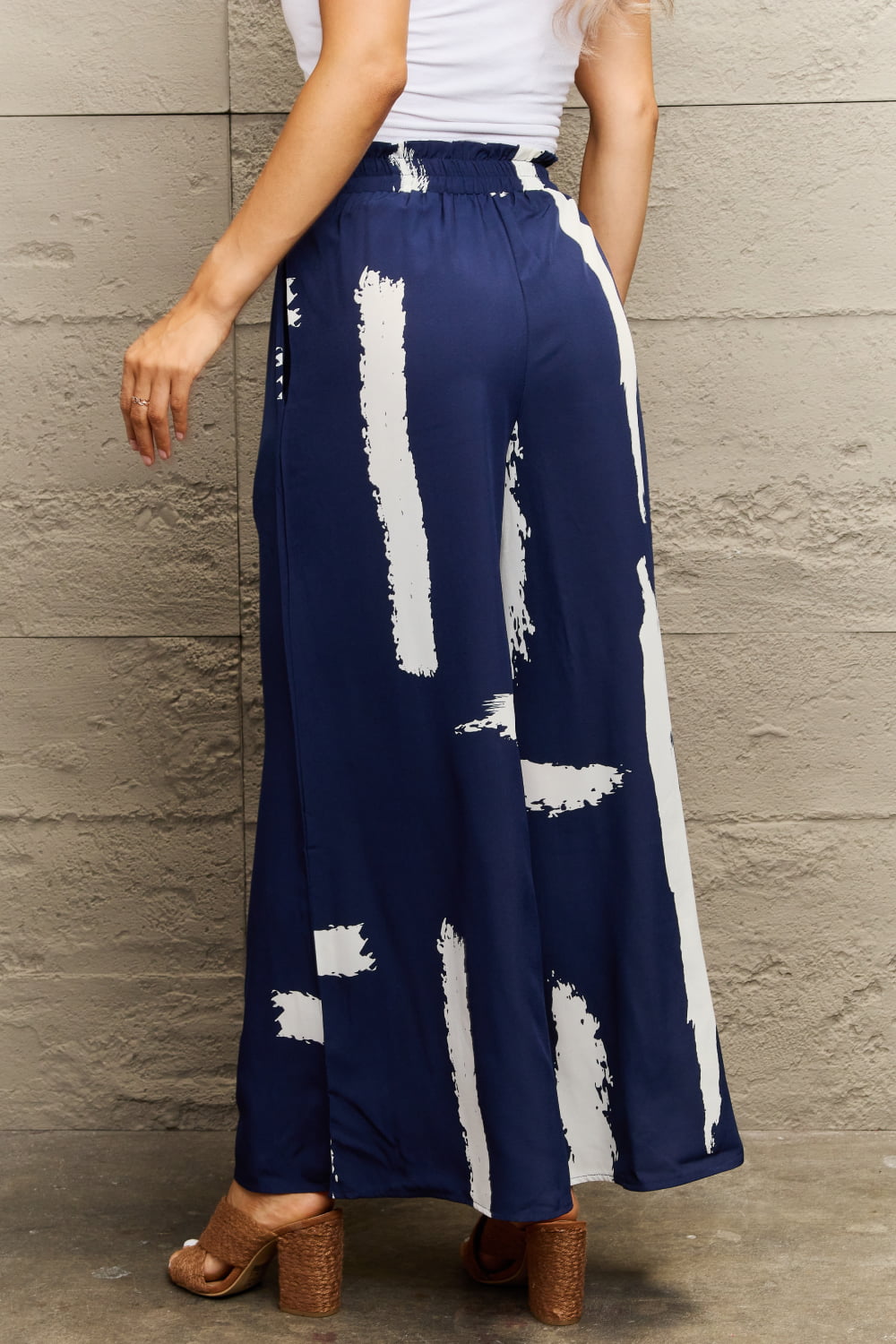 Navy Printed Wide Leg Long Pants