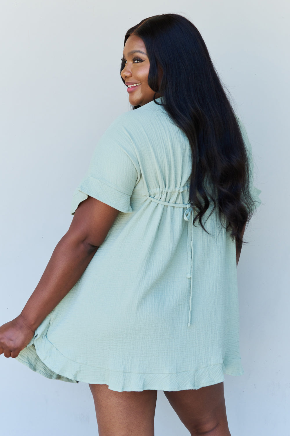 Out Of Time Hem Dress with Drawstring Waistband in Light Sage