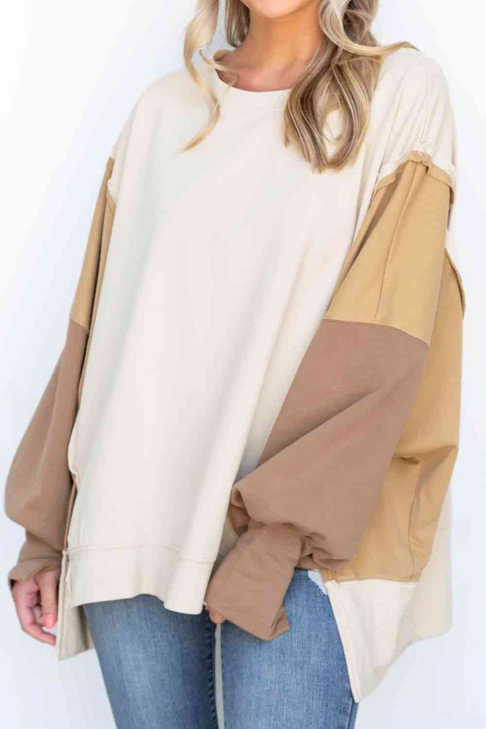 Khaki Color Block Exposed Seam Lantern Sleeve Sweatshirt
