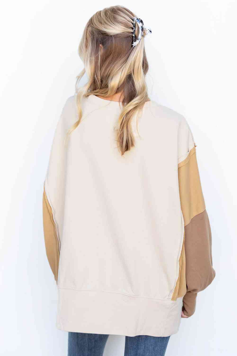 Khaki Color Block Exposed Seam Lantern Sleeve Sweatshirt
