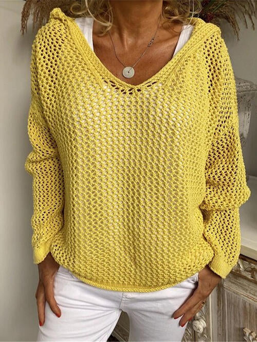 Hooded Openwork Long Sleeve Sweater