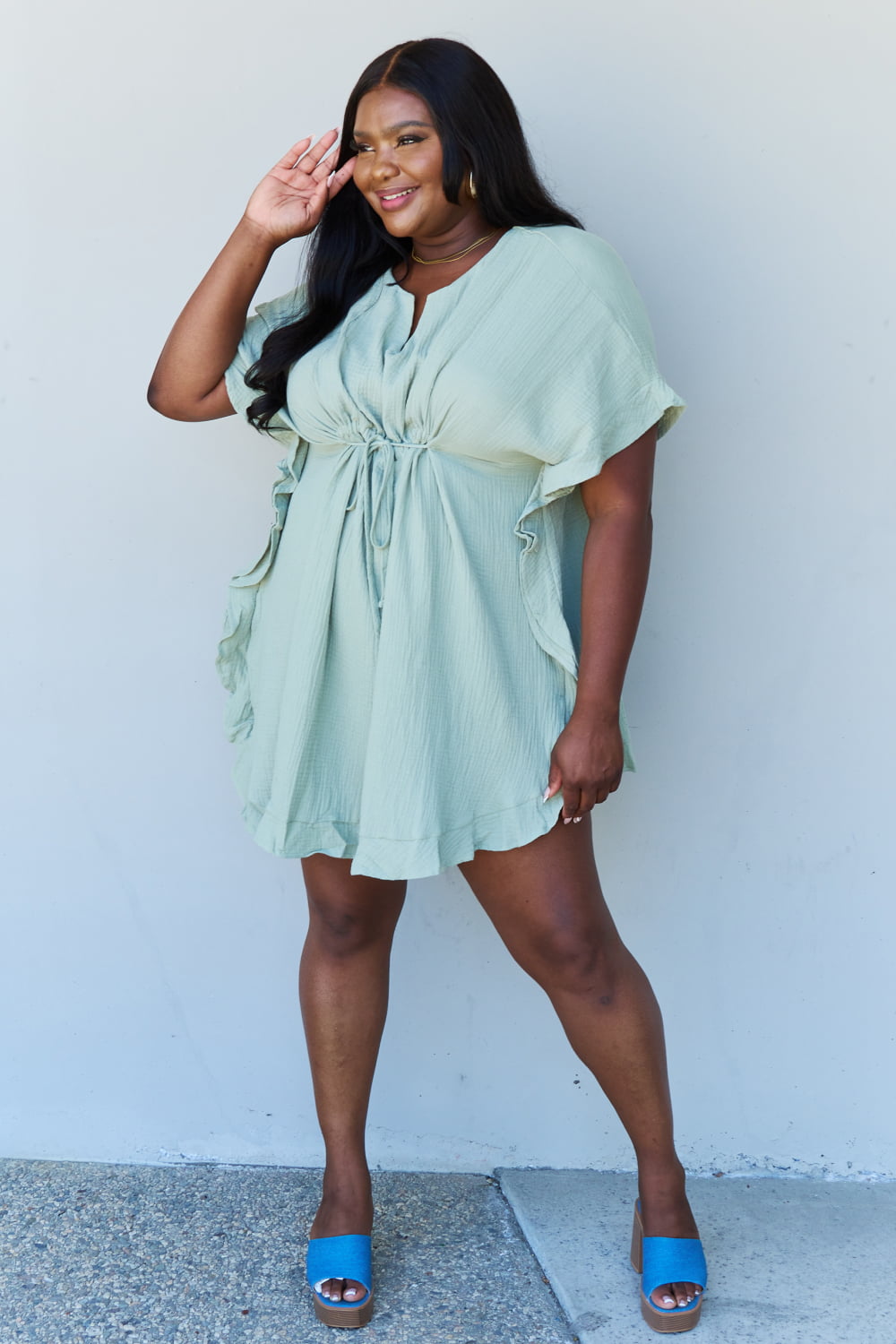 Out Of Time Hem Dress with Drawstring Waistband in Light Sage