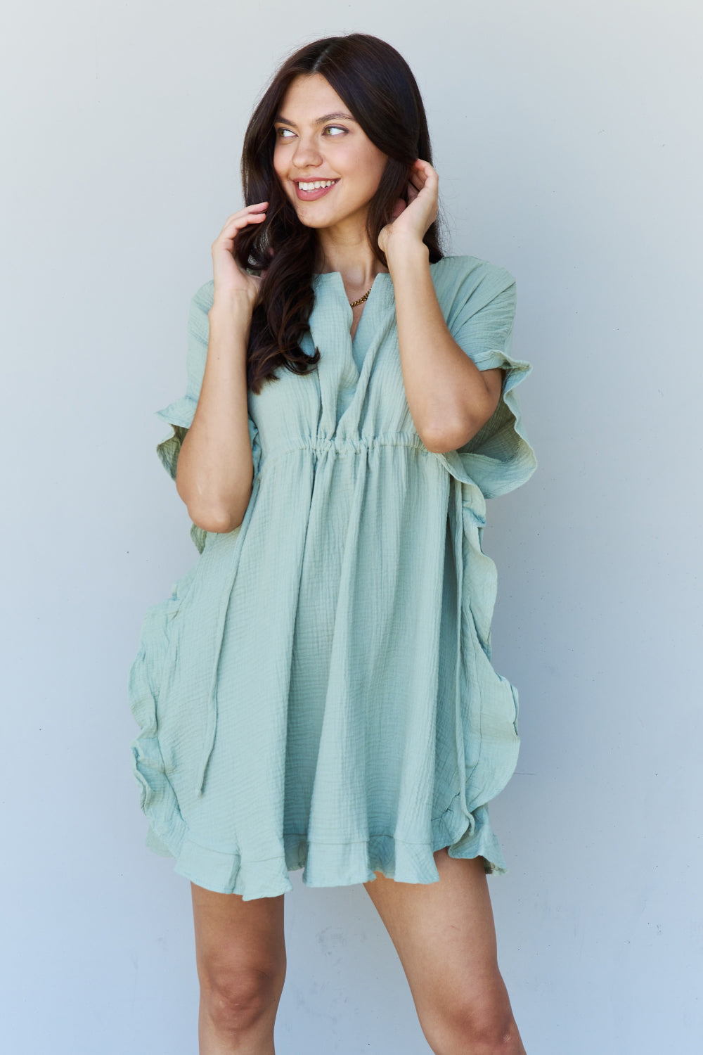 Out Of Time Hem Dress with Drawstring Waistband in Light Sage