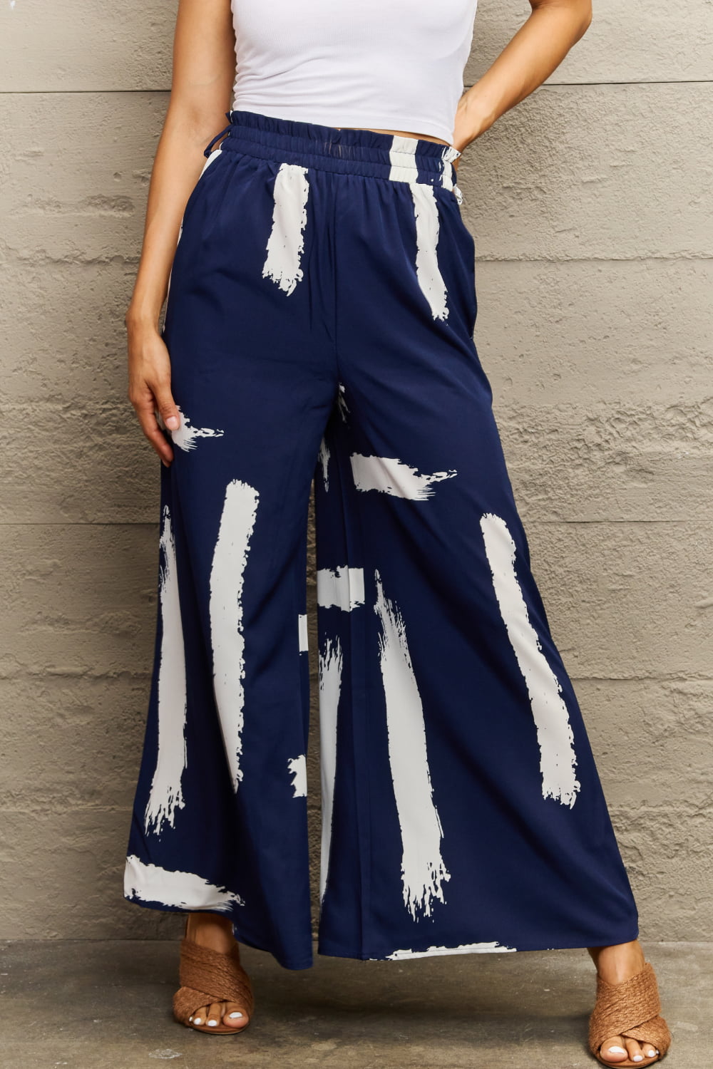 Navy Printed Wide Leg Long Pants