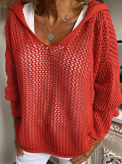 Hooded Openwork Long Sleeve Sweater