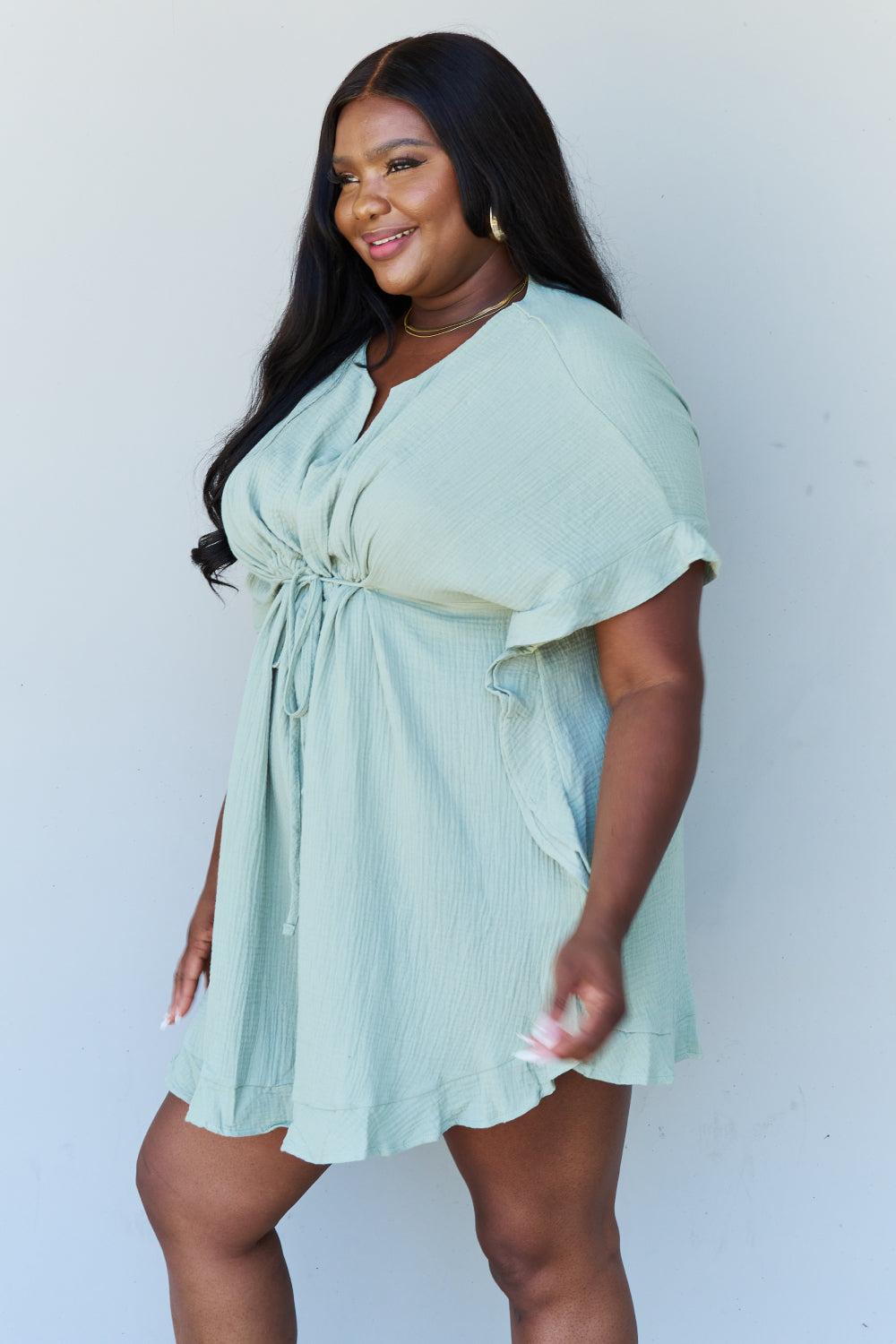 Out Of Time Hem Dress with Drawstring Waistband in Light Sage