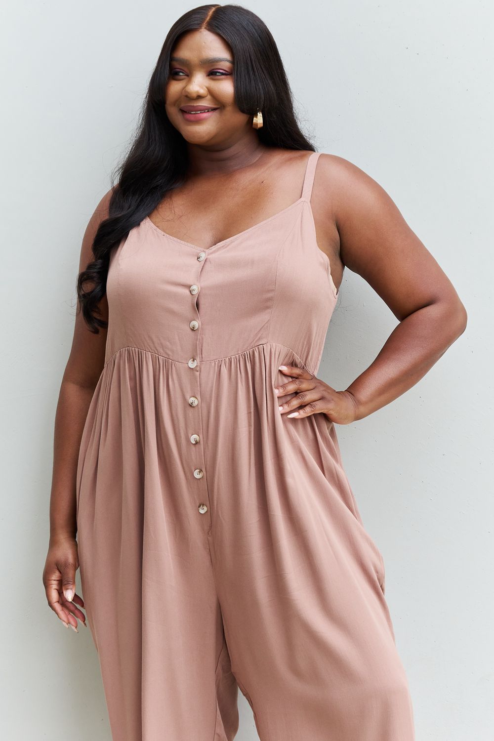 All Day Wide Leg Button Down Jumpsuit in Mocha
