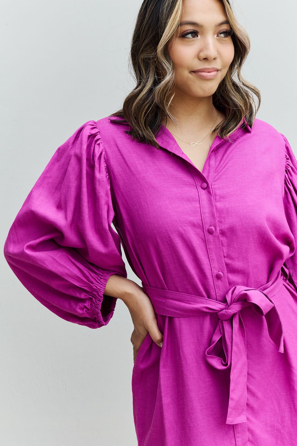 Darling Half Sleeve Belted Mini Dress in Magenta