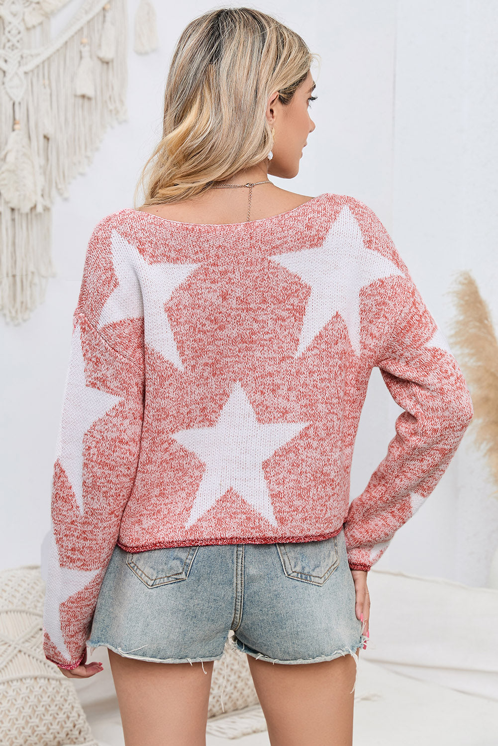 Dusty Pink Star Pattern Dropped Shoulder Knit Top
