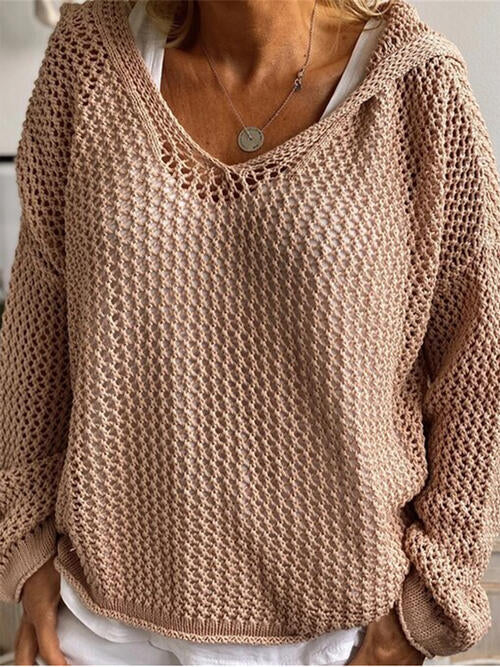 Hooded Openwork Long Sleeve Sweater