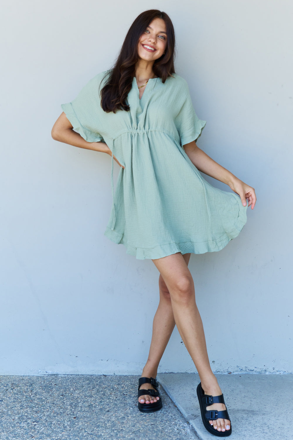 Out Of Time Hem Dress with Drawstring Waistband in Light Sage