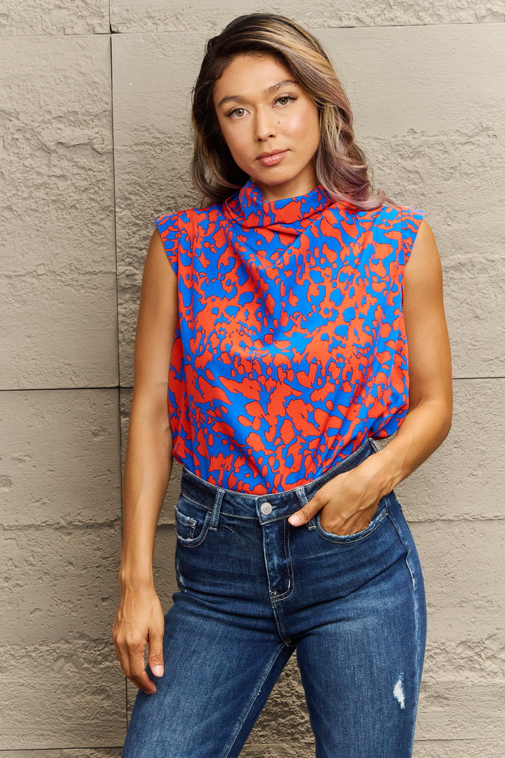 Orange & Blue Printed Round Neck Tank Top