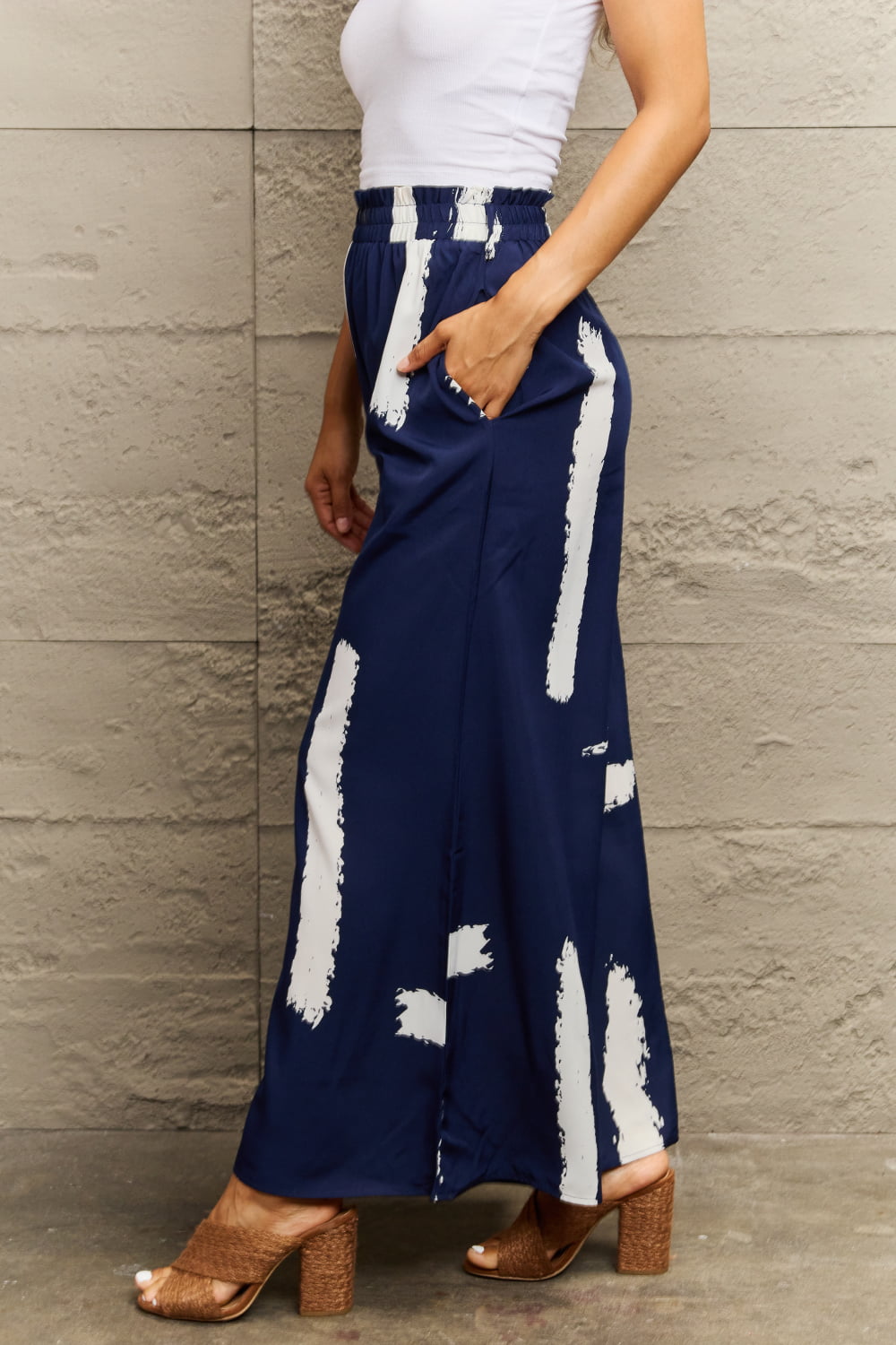 Navy Printed Wide Leg Long Pants