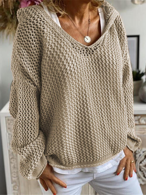 Hooded Openwork Long Sleeve Sweater