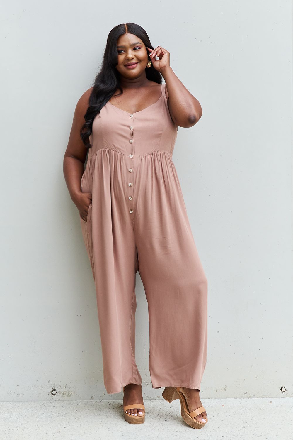 All Day Wide Leg Button Down Jumpsuit in Mocha
