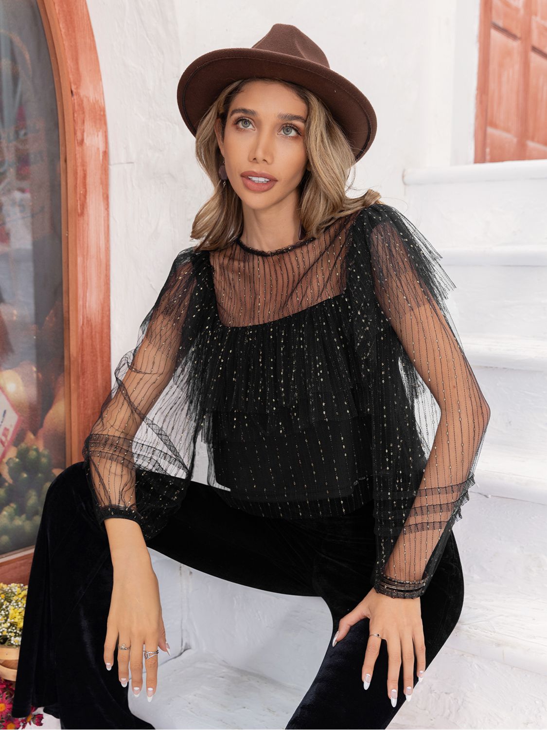 Black Round Neck Layered Long Sleeve Blouse