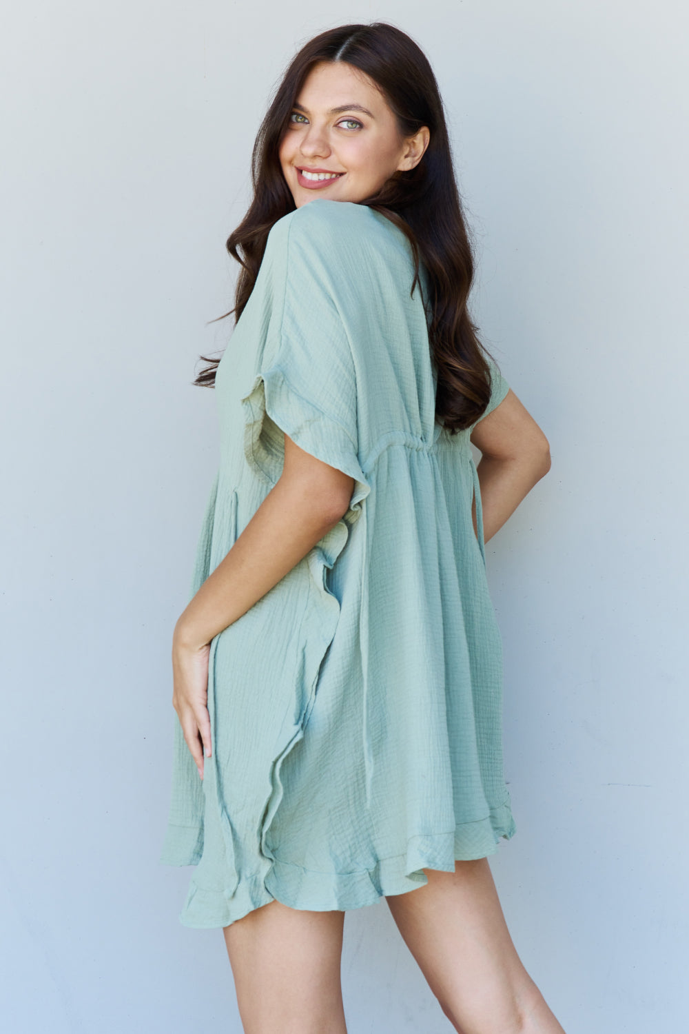 Out Of Time Hem Dress with Drawstring Waistband in Light Sage