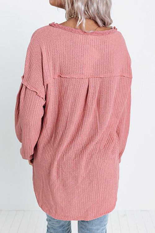Half Button Raw Hem Long Sleeve