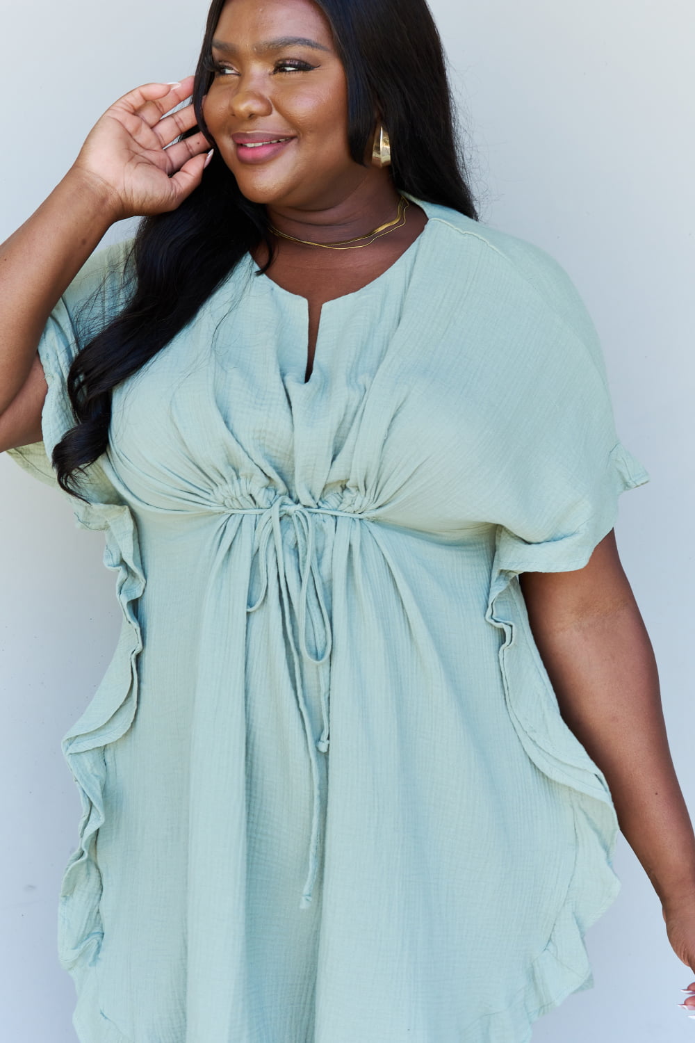 Out Of Time Hem Dress with Drawstring Waistband in Light Sage