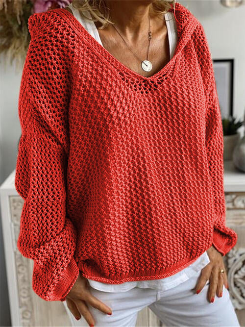 Hooded Openwork Long Sleeve Sweater