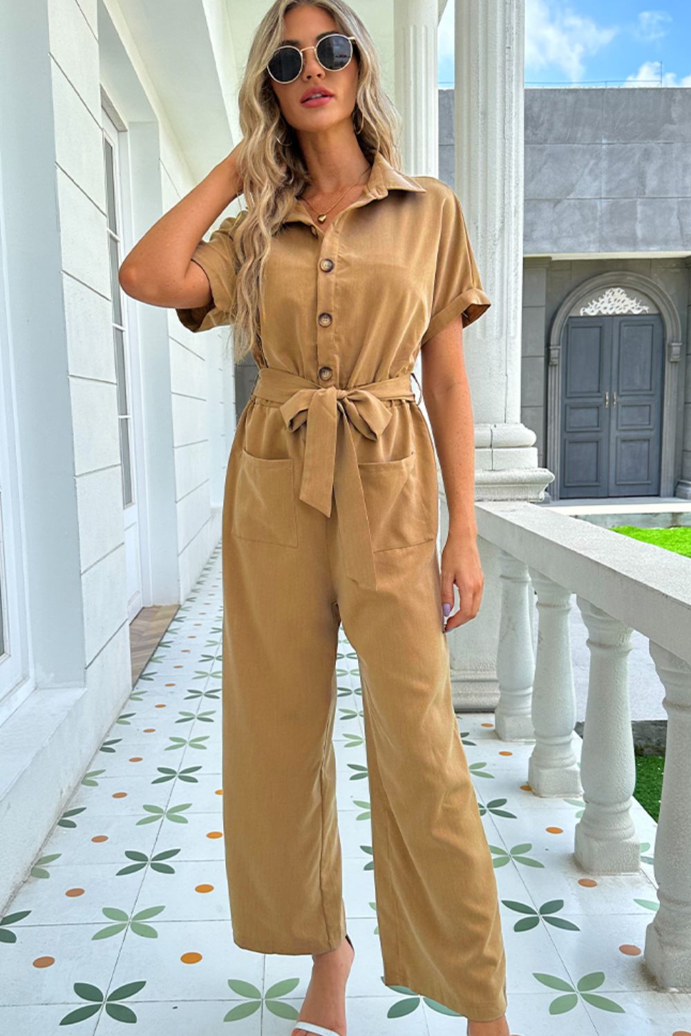 Tie Belted Short Sleeve Collared Neck Jumpsuit