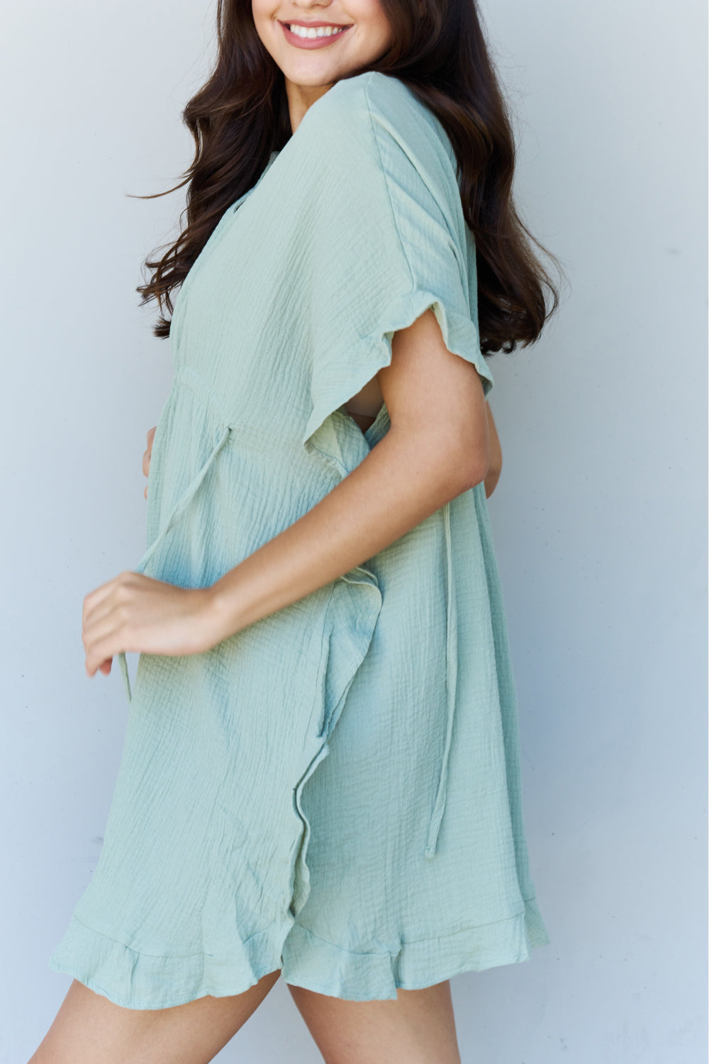 Out Of Time Hem Dress with Drawstring Waistband in Light Sage