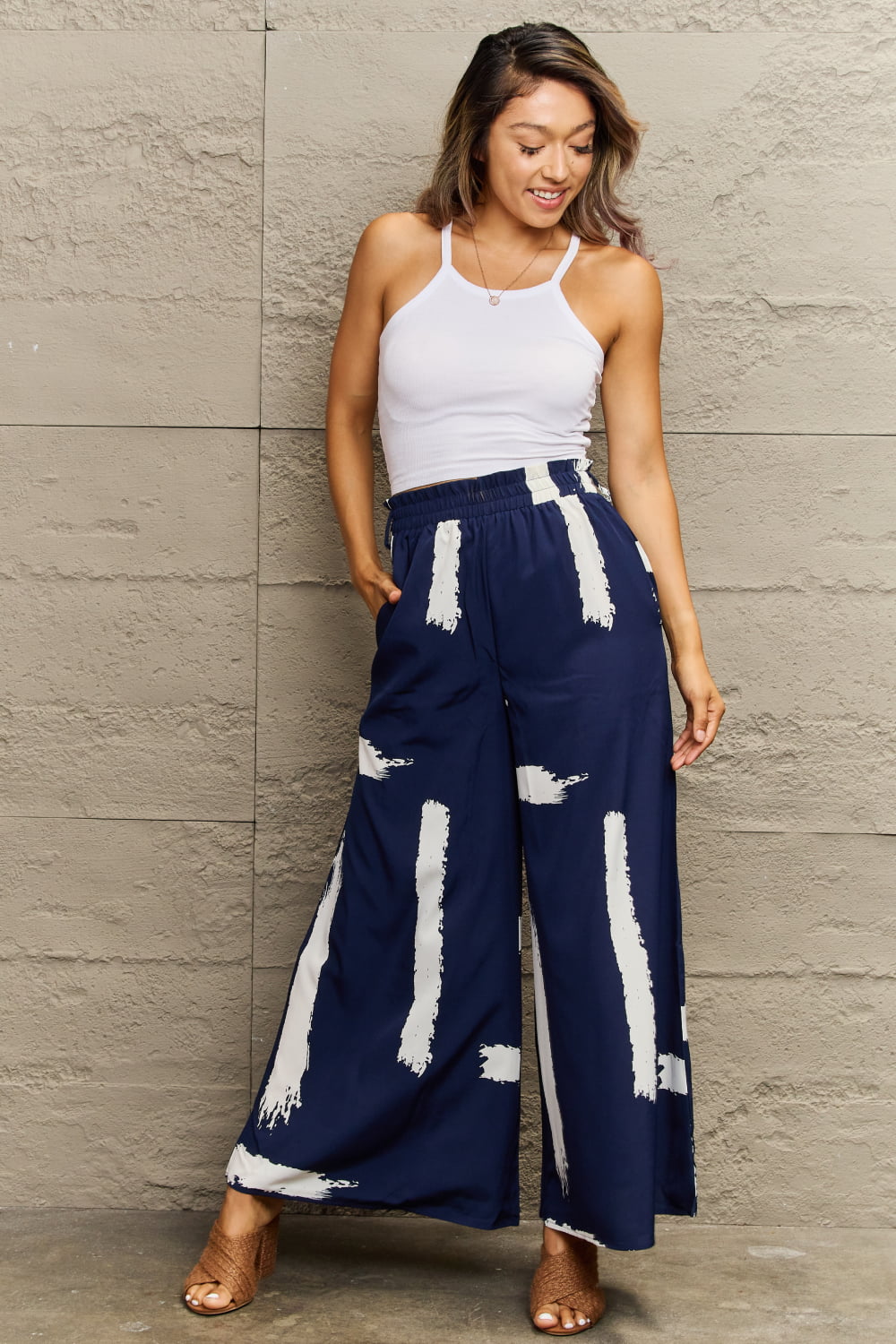 Navy Printed Wide Leg Long Pants