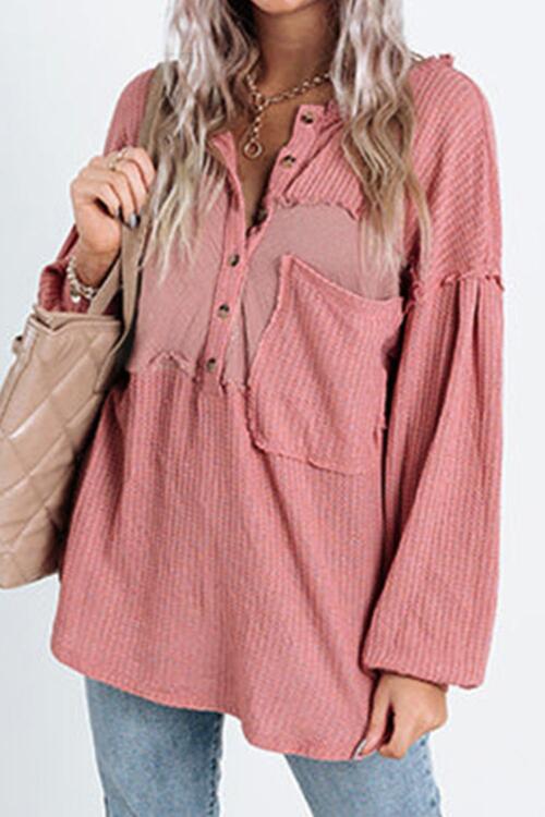 Half Button Raw Hem Long Sleeve