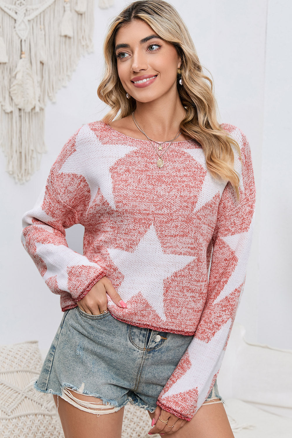 Dusty Pink Star Pattern Dropped Shoulder Knit Top