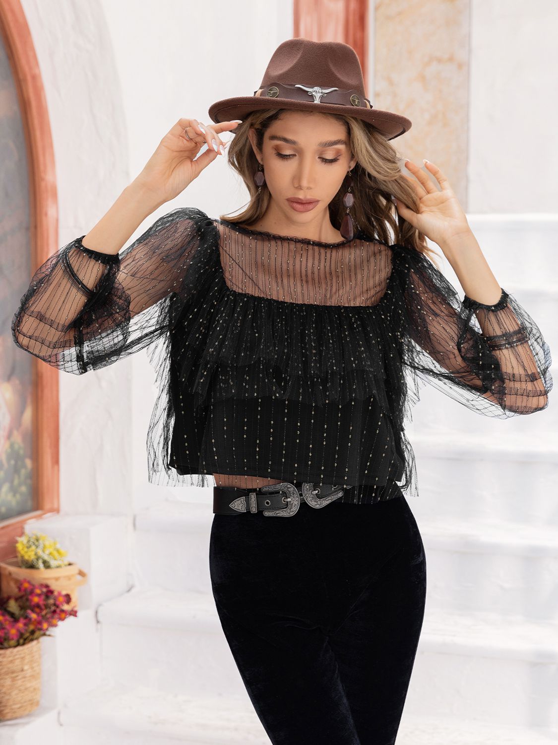 Black Round Neck Layered Long Sleeve Blouse