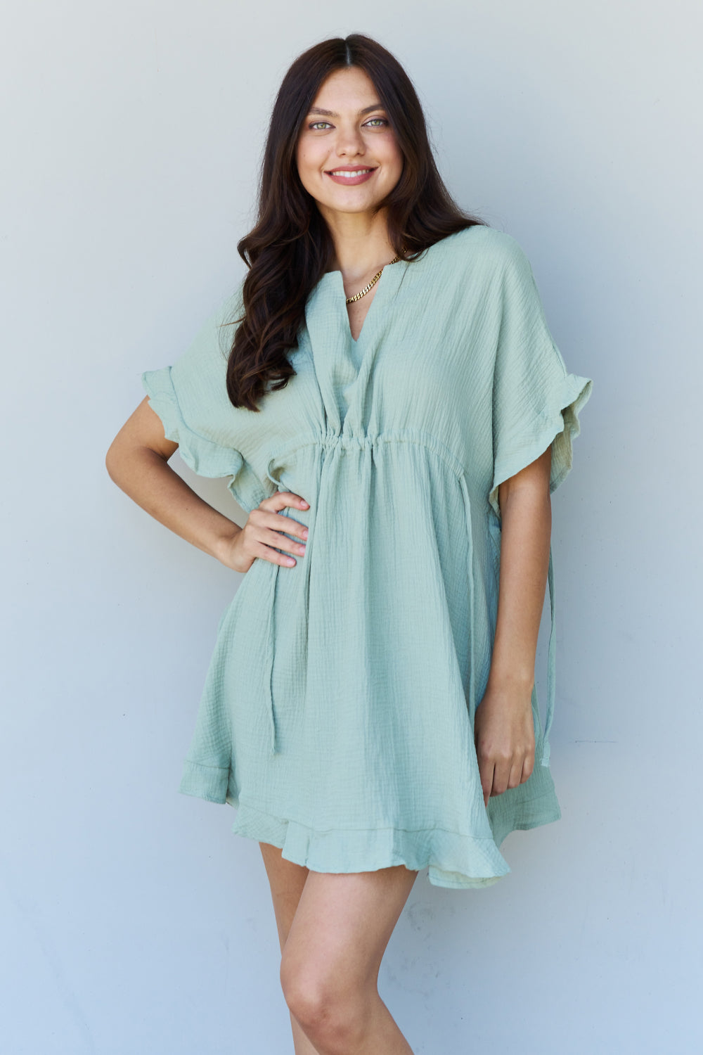 Out Of Time Hem Dress with Drawstring Waistband in Light Sage