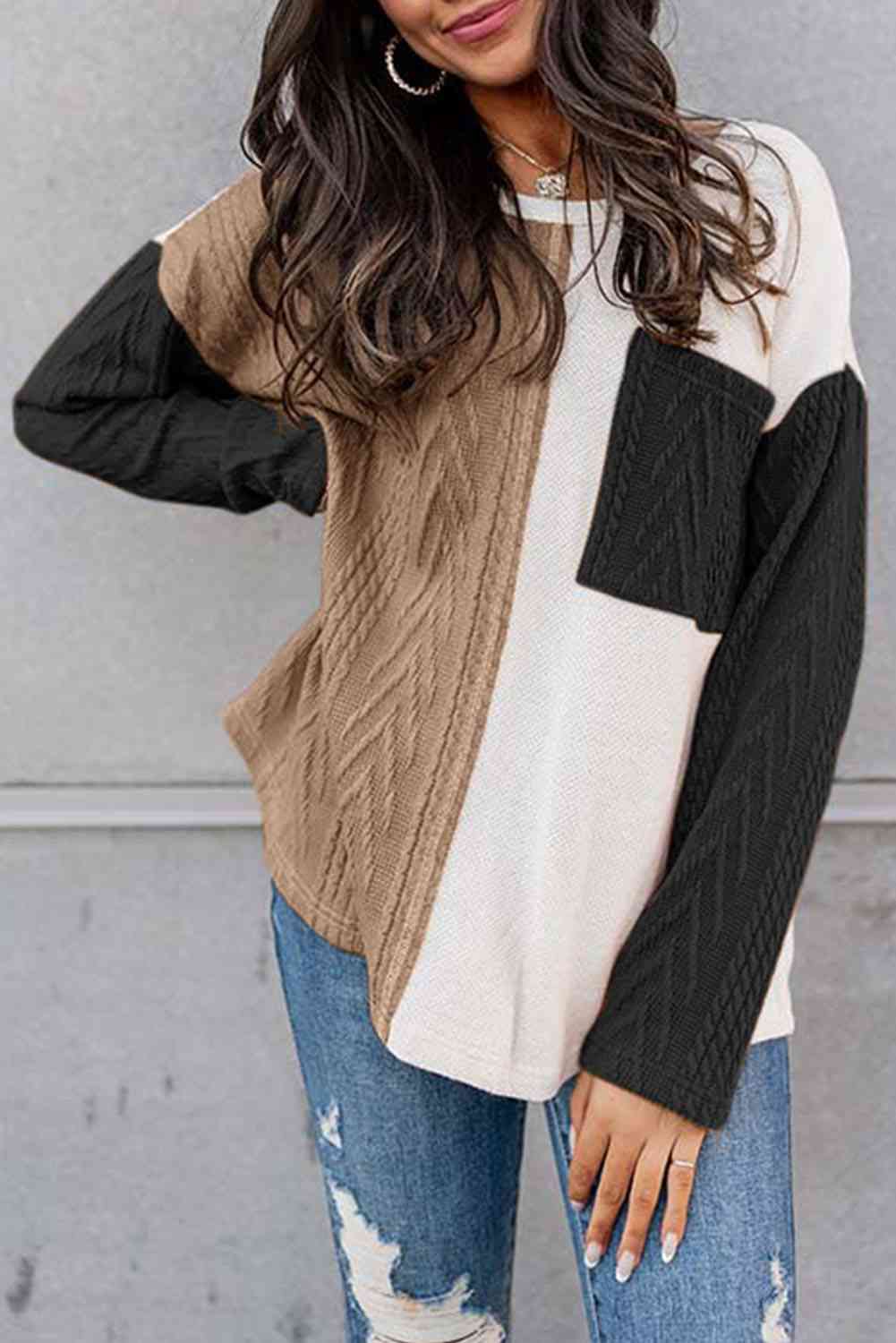Two Sided Color Block Cable-Knit Top