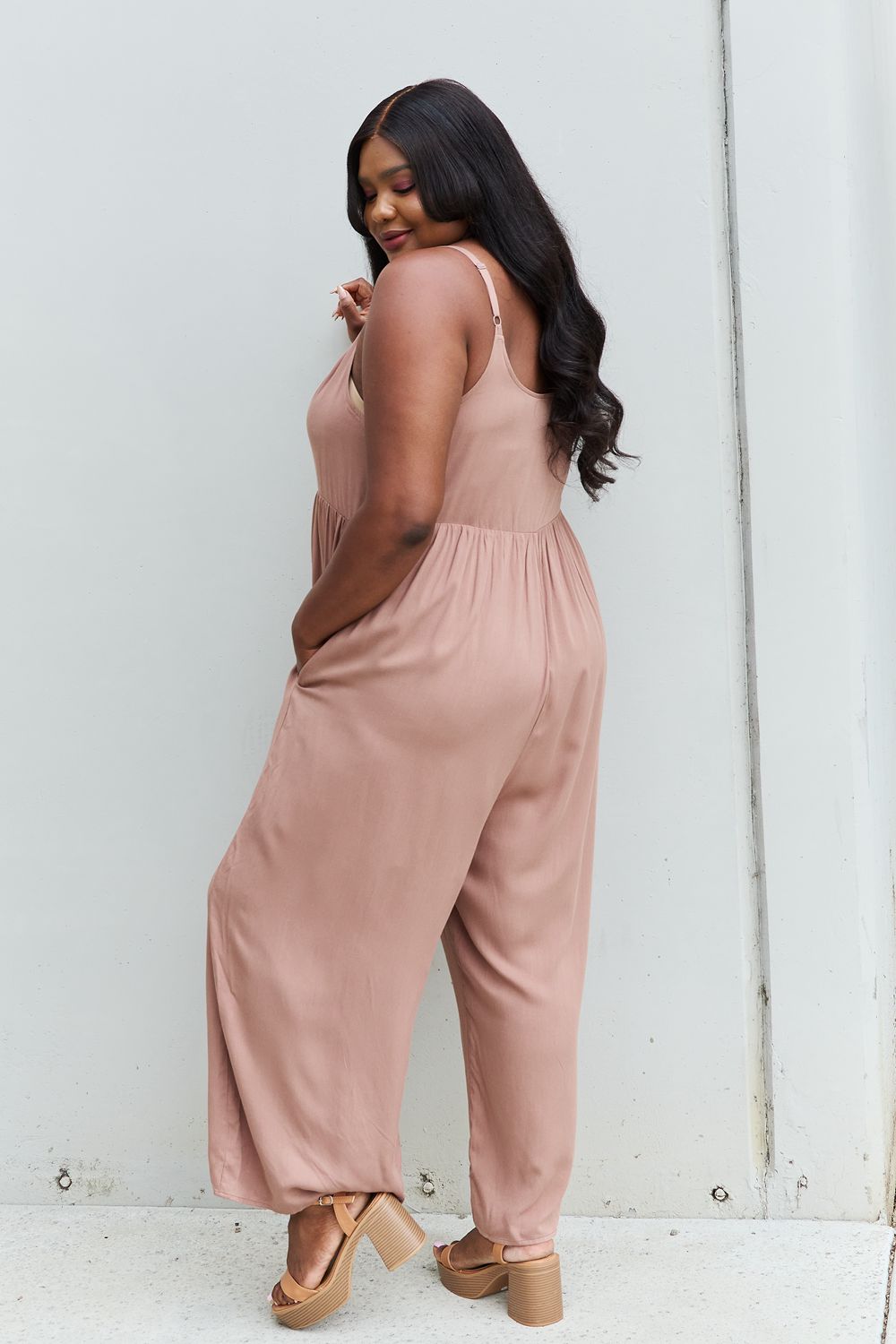 All Day Wide Leg Button Down Jumpsuit in Mocha