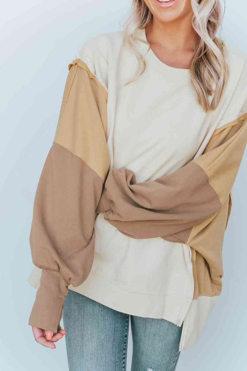 Khaki Color Block Exposed Seam Lantern Sleeve Sweatshirt