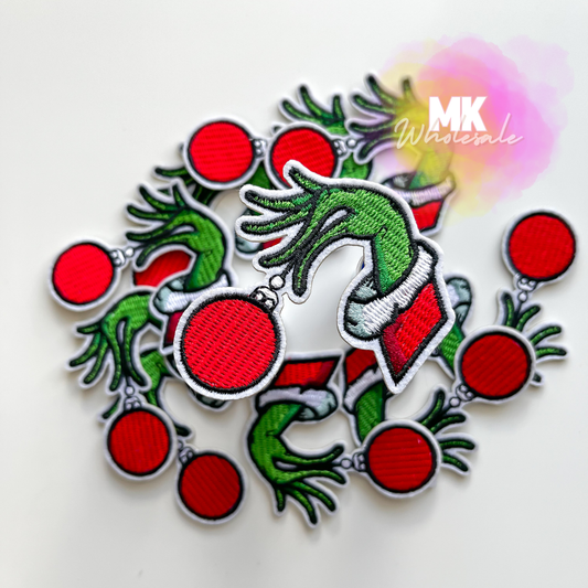 Hat Patch- Embroidered Grinchy hand with Ornament