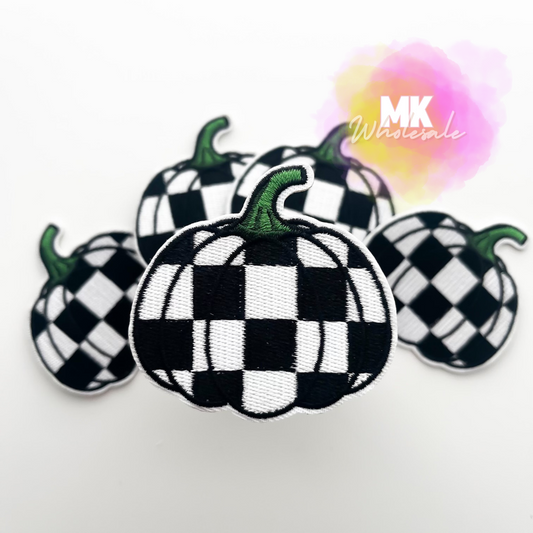 Hat Patch- Embroidered Black & White Checkered Pumpkin