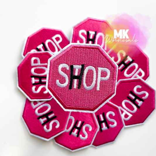 Hat Patch- Pink "SHOP" Stop Sign