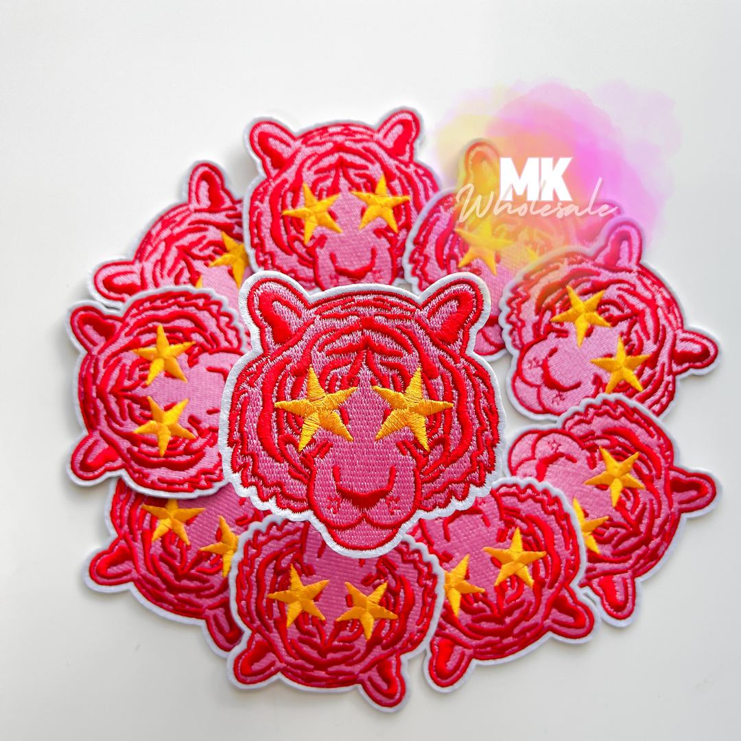 Hat Patch- Embroidered Pink Star Eye Tiger Head