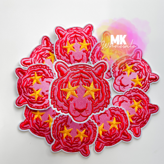 Hat Patch- Embroidered Pink Star Eye Tiger Head