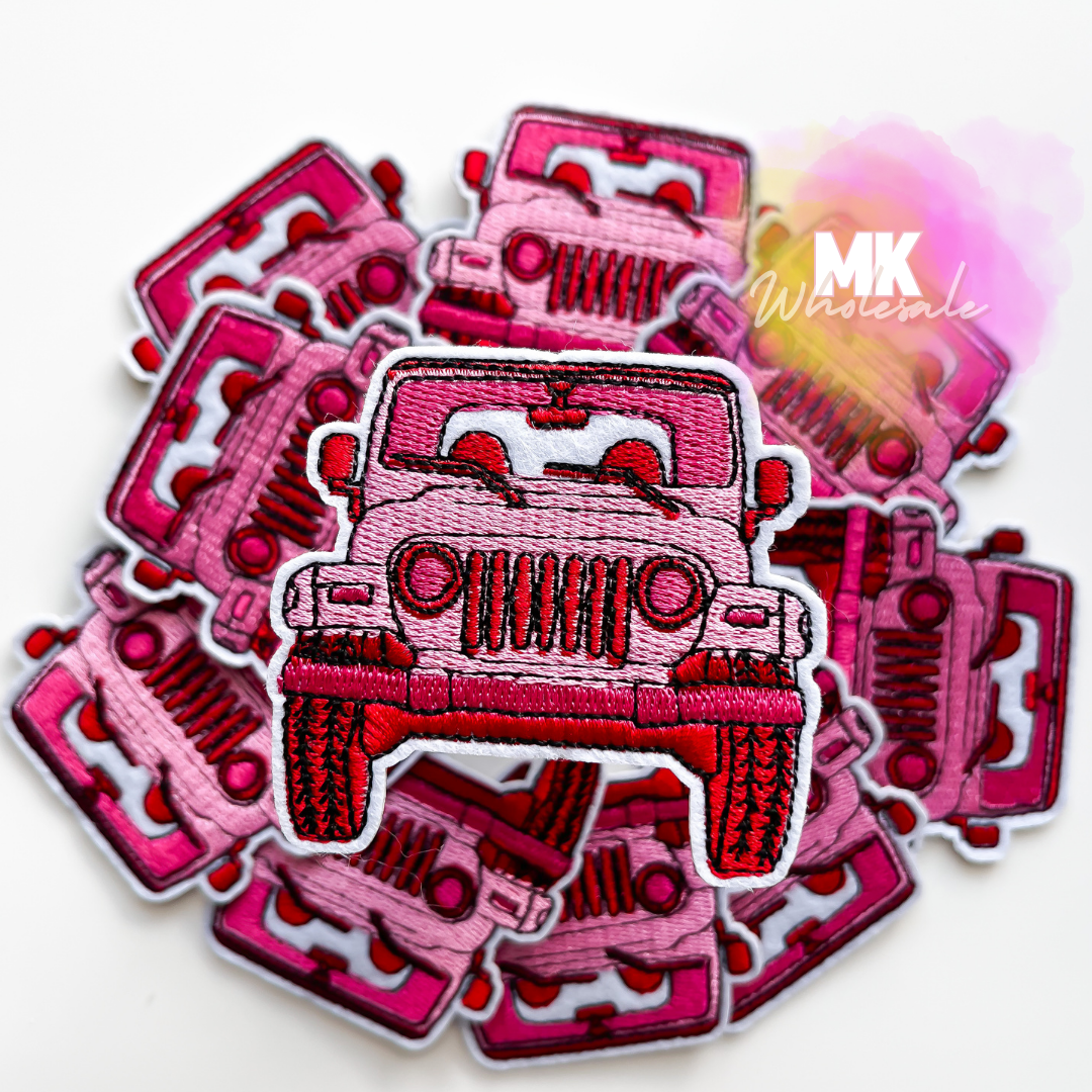 Hat Patch- Embroidered Pink Jeep